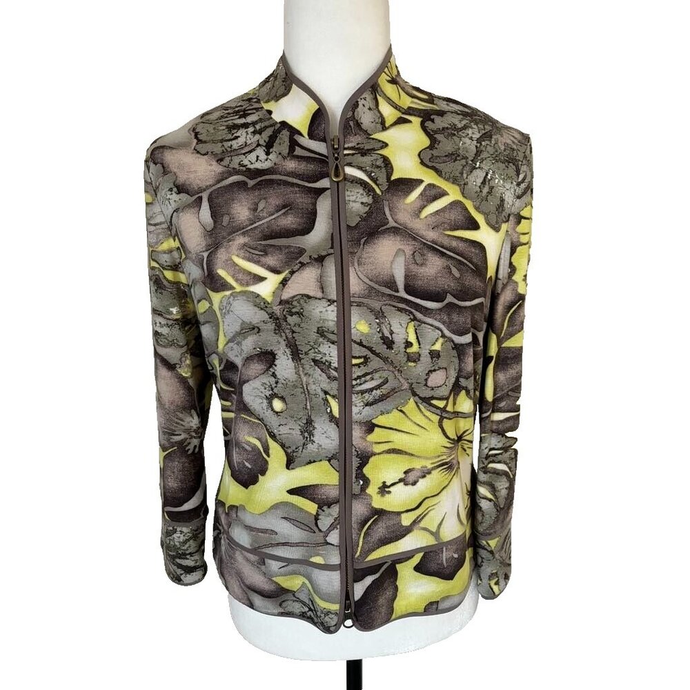 JOSEPH RIBKOFF Full Zip Up Jacket Top Size 10 Gray Yellow Floral 3/4 Sleeve